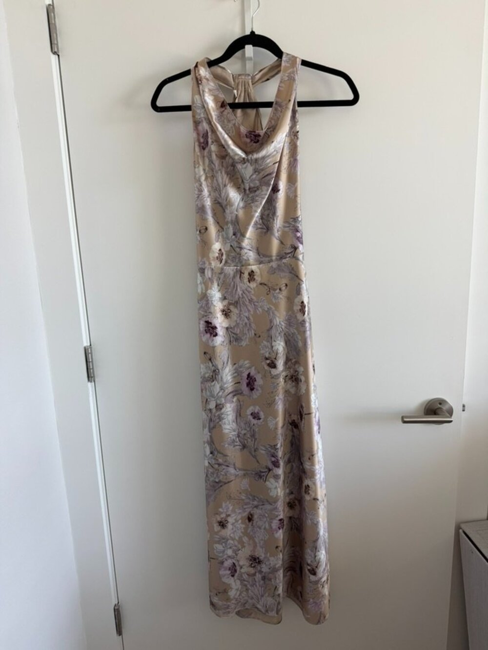 Vince Silk/ Satin Gold/ Lilac Floral Halter Cowl Neck Dress